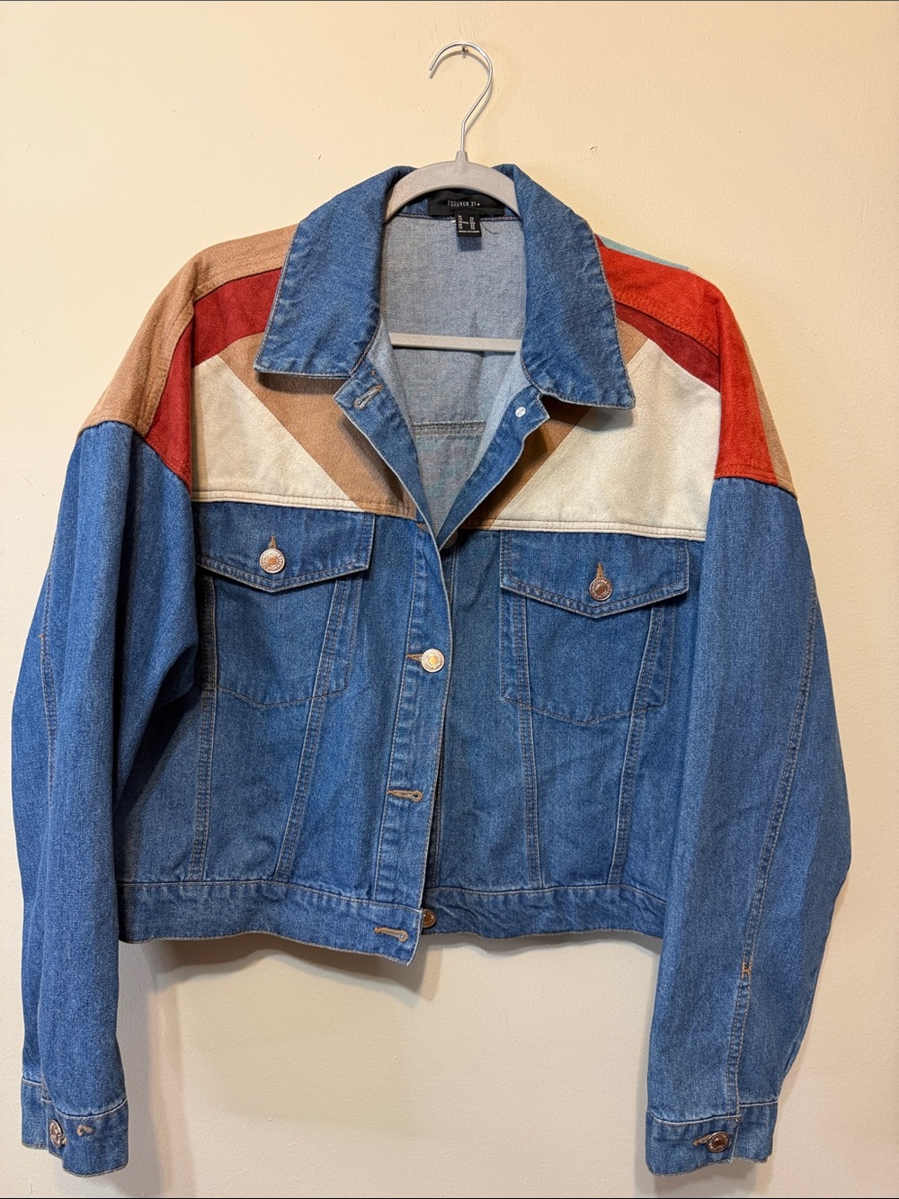 Forever 21 Blue Denim Colorblock Jacket with Red, Tan & Cream 2397 Panels
